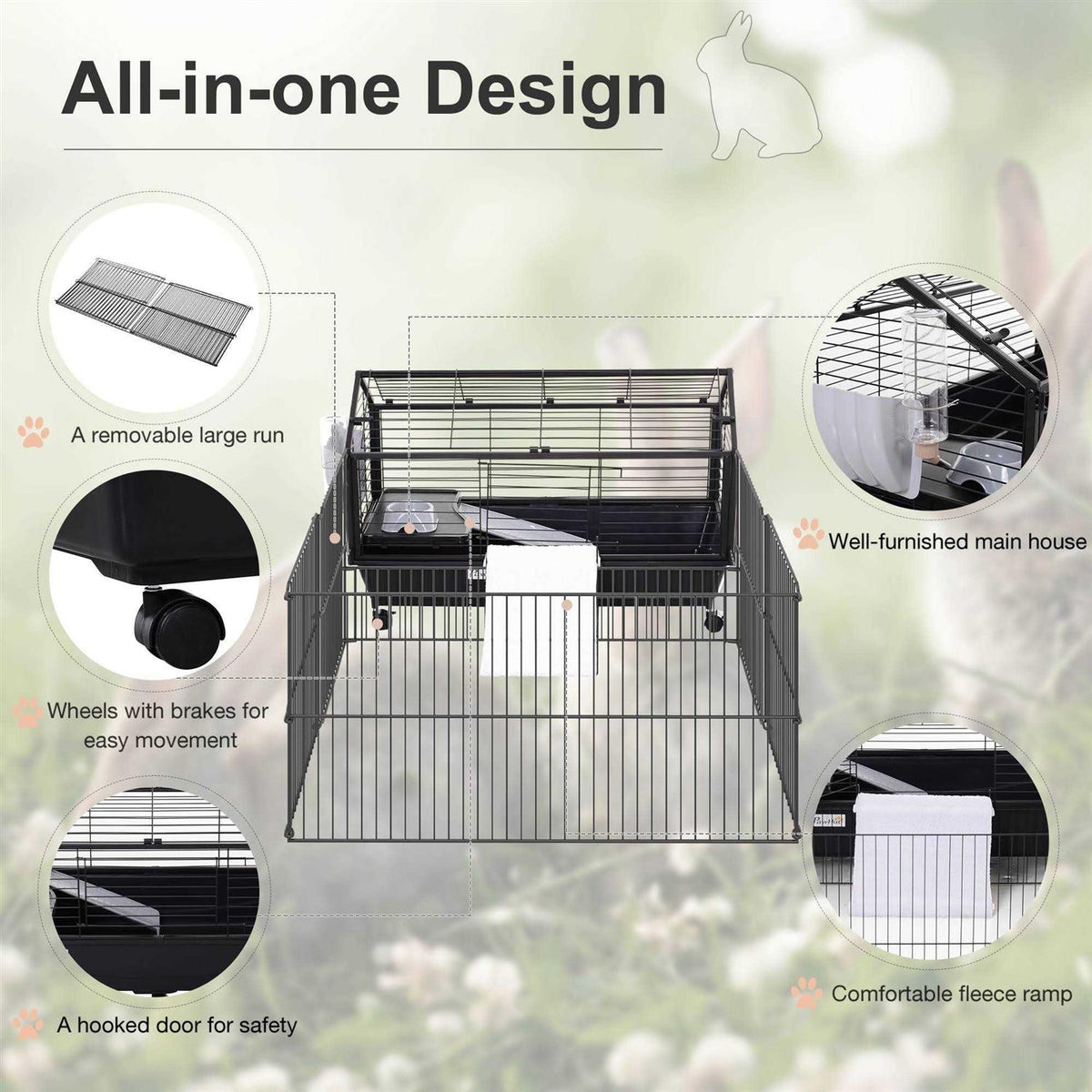 Rolling Metal Small Animal Hutch Cage with Main House and Run D522281