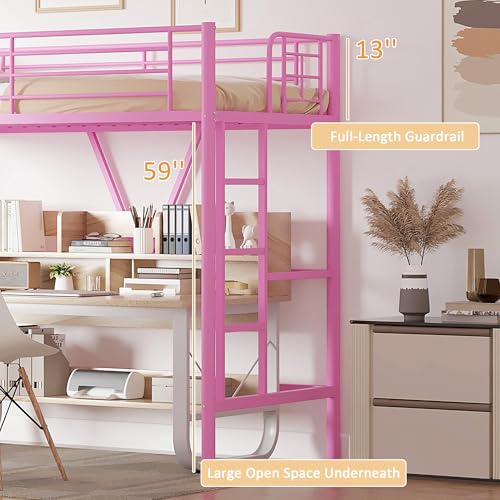 Twin Size Black Metal Loft Bed with Guardrails and Ladder I32268