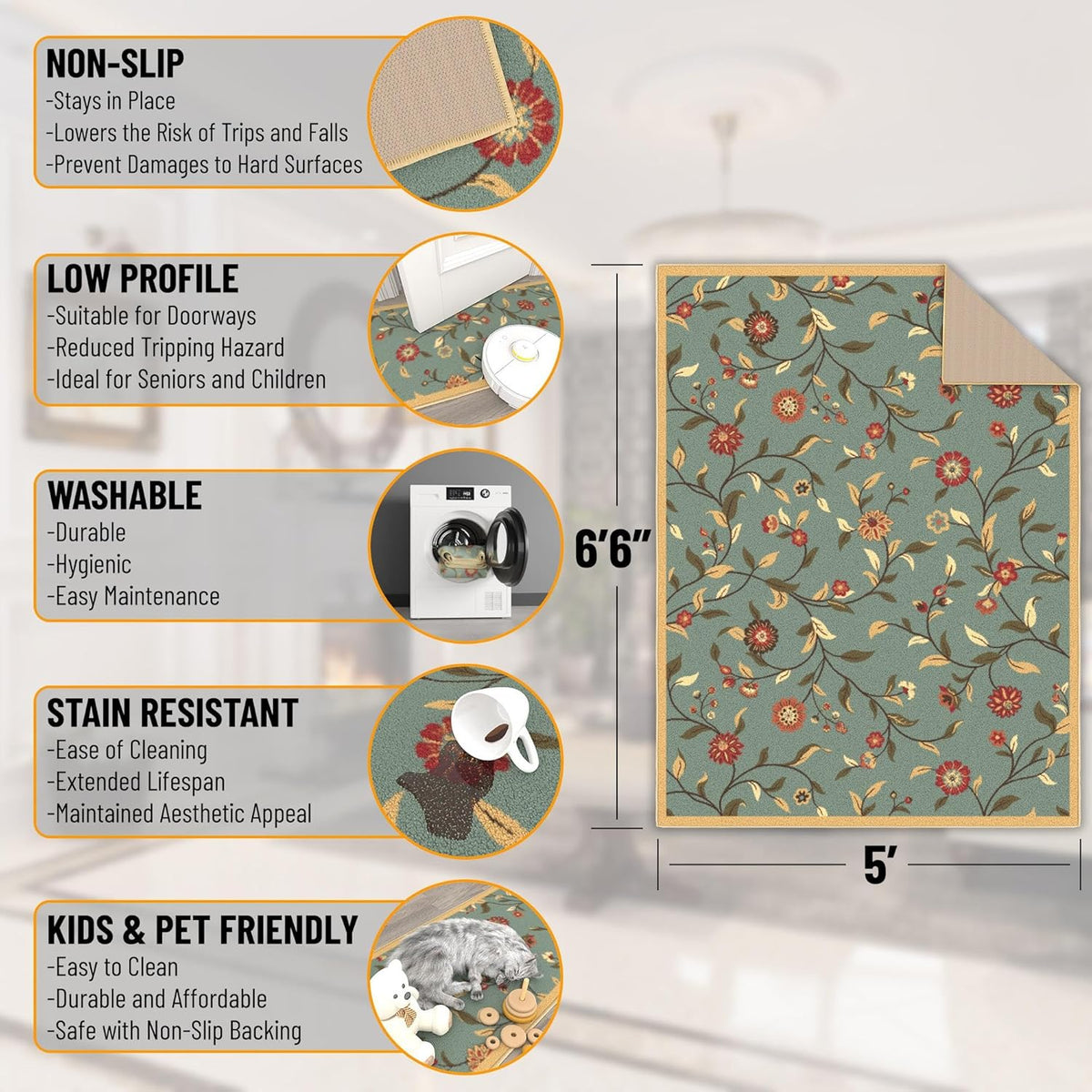 5x7 Seafoam Green Non-Slip Rubberback Traditional Area Rug G7260