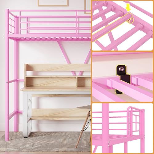 Twin Size Black Metal Loft Bed with Guardrails and Ladder I32268