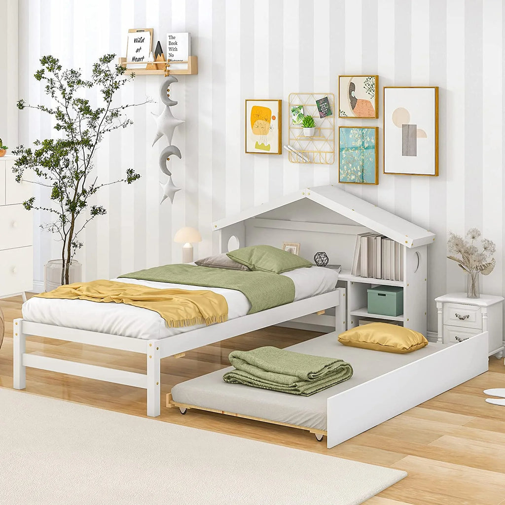 White Platform Bed with Trundle and Bookcase Headboard N488