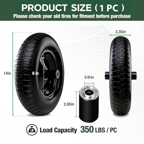 14 Inch 2 PCS Solid Flat Free Replacement Tires and Wheels 3.50-8 with 5/8'' Bearing L500