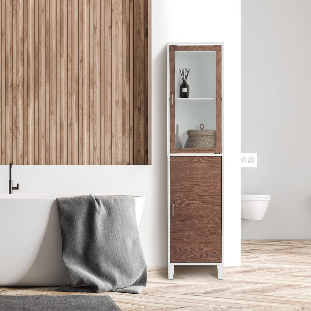 White Natural Wood Bathroom Linen Cabinet C5681