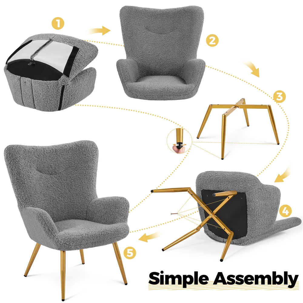 Gray Boucle Accent Chair and Ottoman Set with Golden Metal Legs J16099