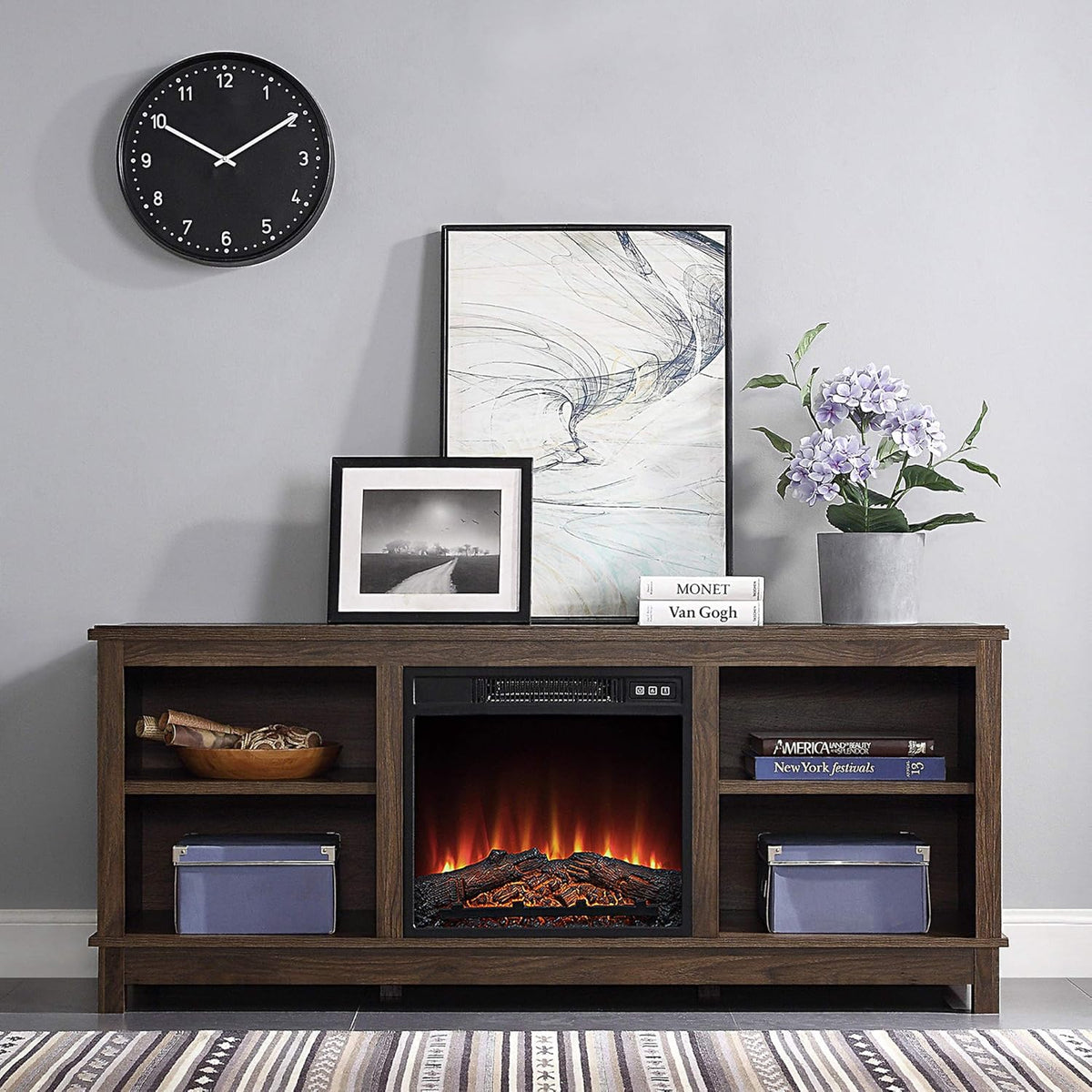 Gray Wash TV Stand with Wood Glass Storage Cabinets O523284