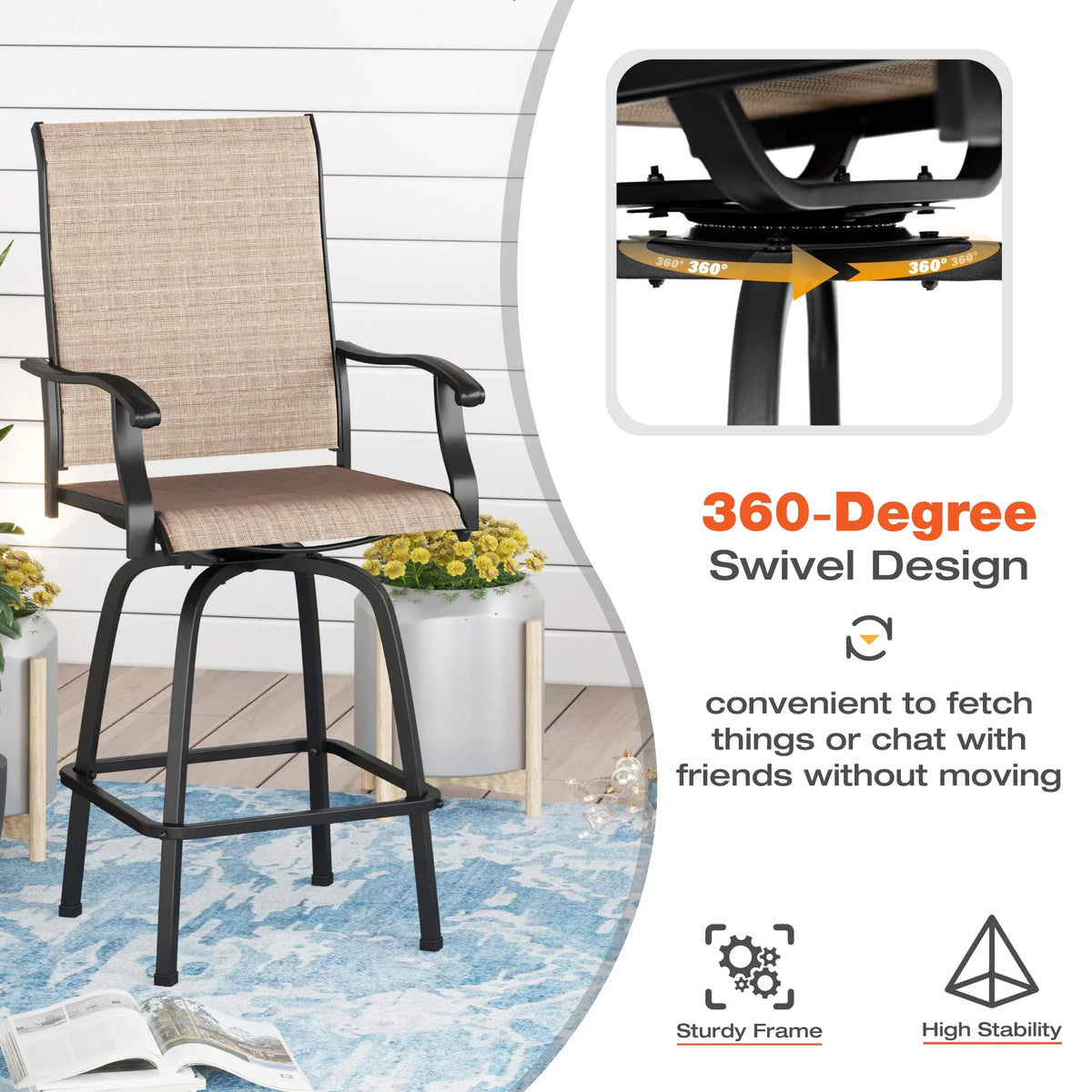 3 Piece Outdoor Bar Height Swivel Chairs and Table Bistro Set M1830