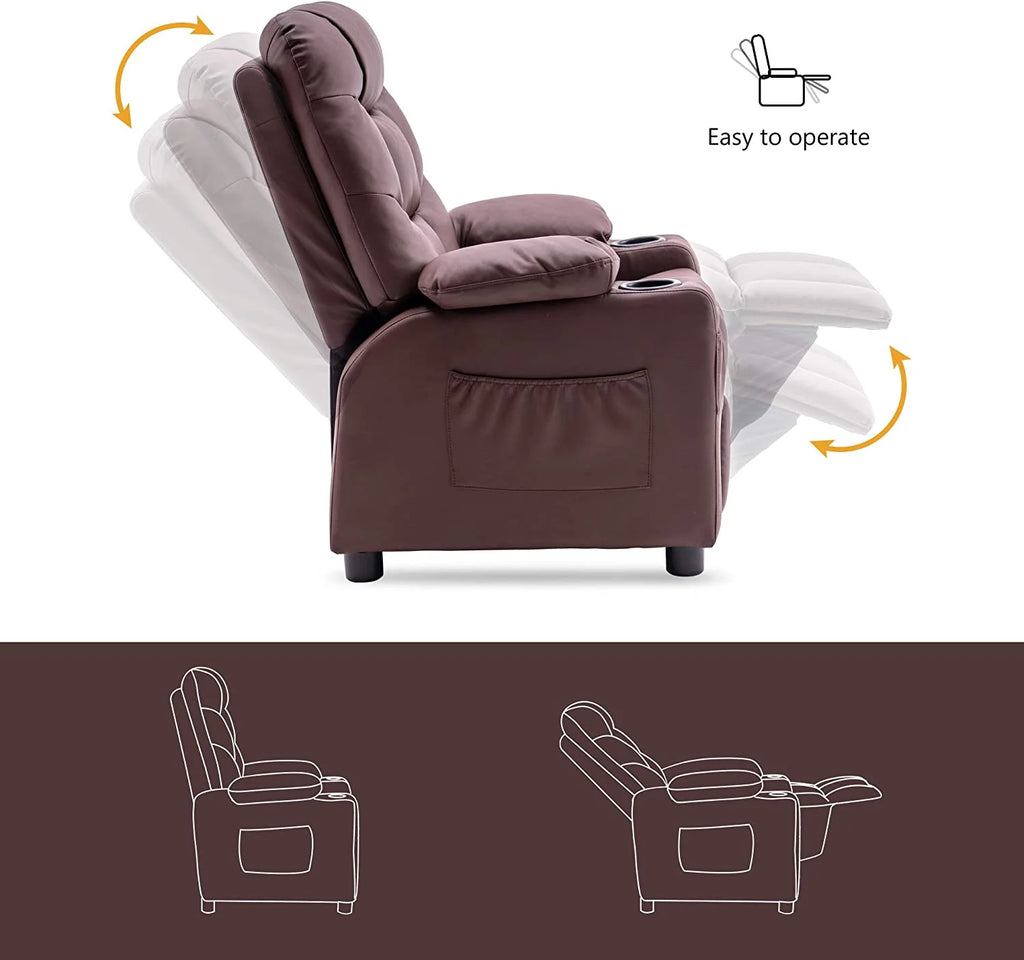 Light Brown Faux Leather Kids Recliner Chair with Cup Holders N987788