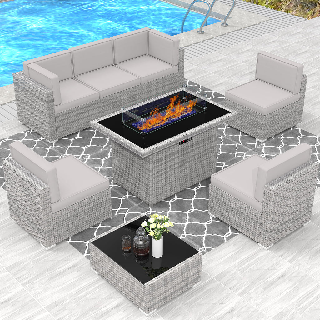 8 Piece Wicker Patio Furniture Set with Fire Pit Table N56463
