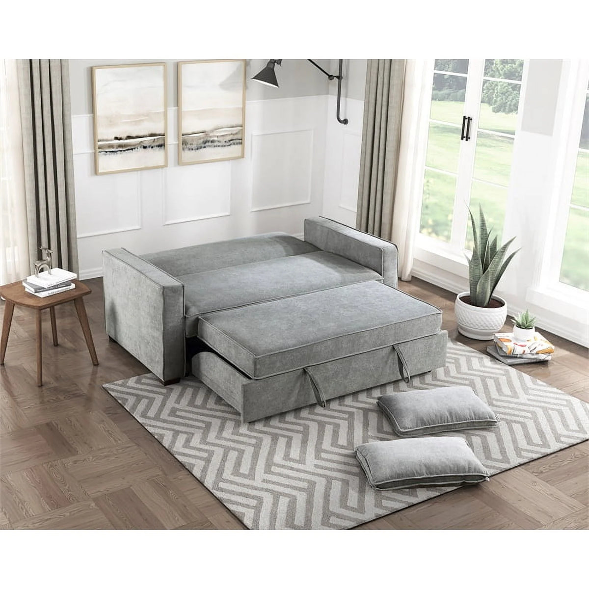 Gray Fabric Upholstered Convertible Sofa with Pull Out Bed C9364