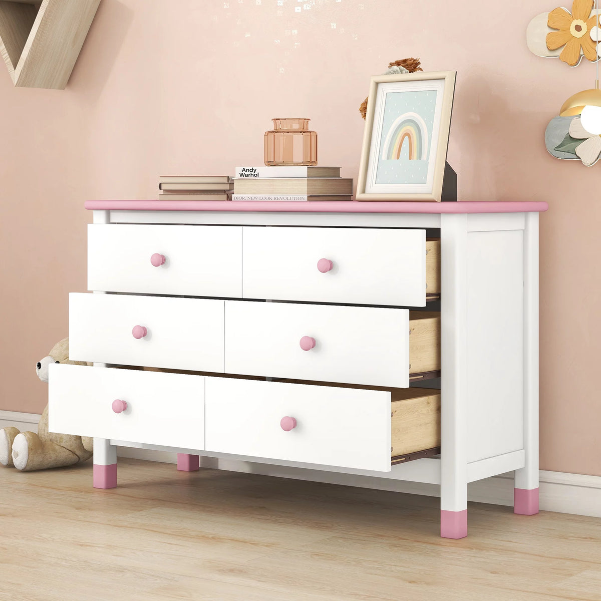 White Pink 6 Drawer Wooden Storage Dresser N7708