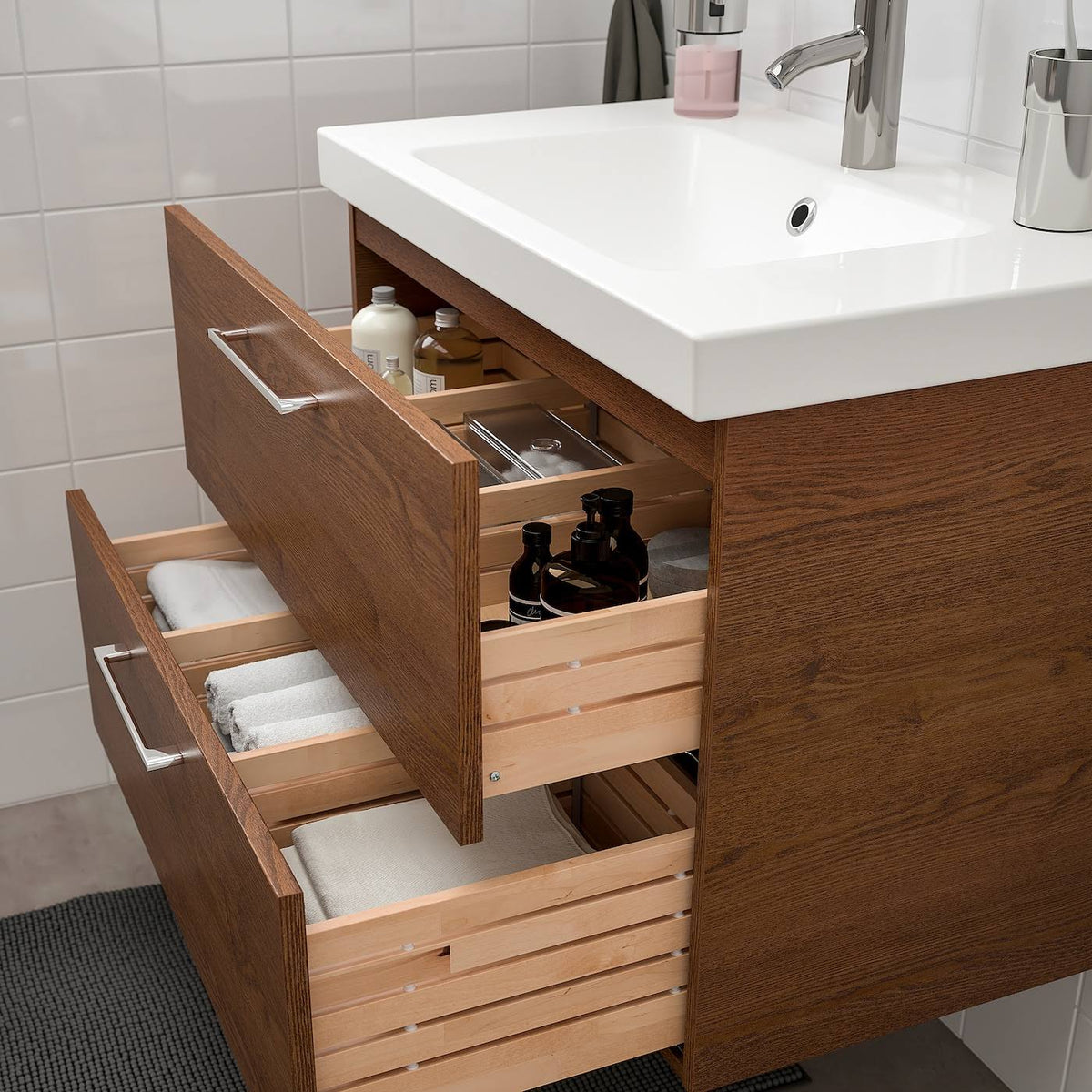 Brown Stained Ash Effect Sink Cabinet with 2 Drawers Q68845