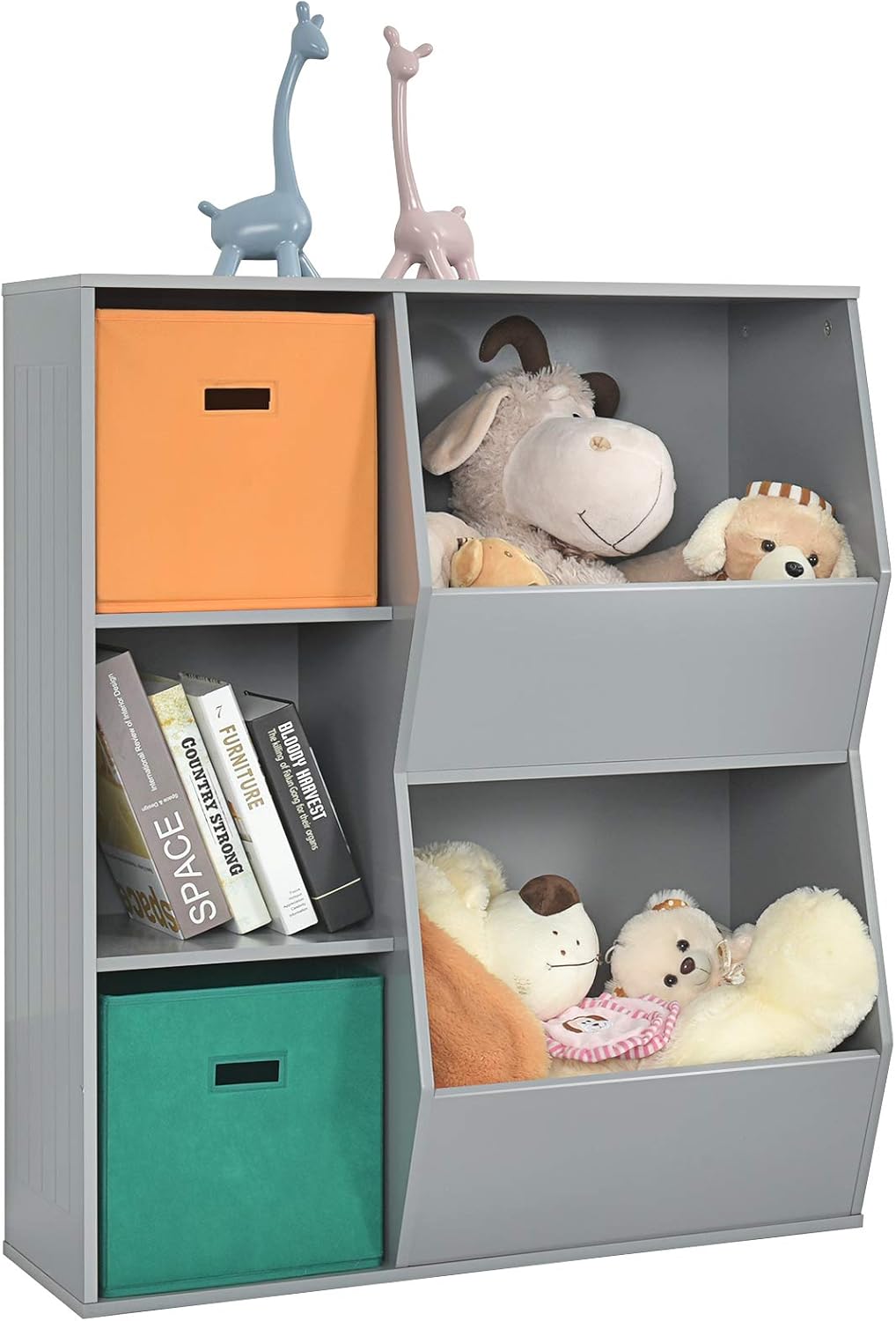 5 Cubbies White Wooden Kids Bookshelf with Storage Bins P903937