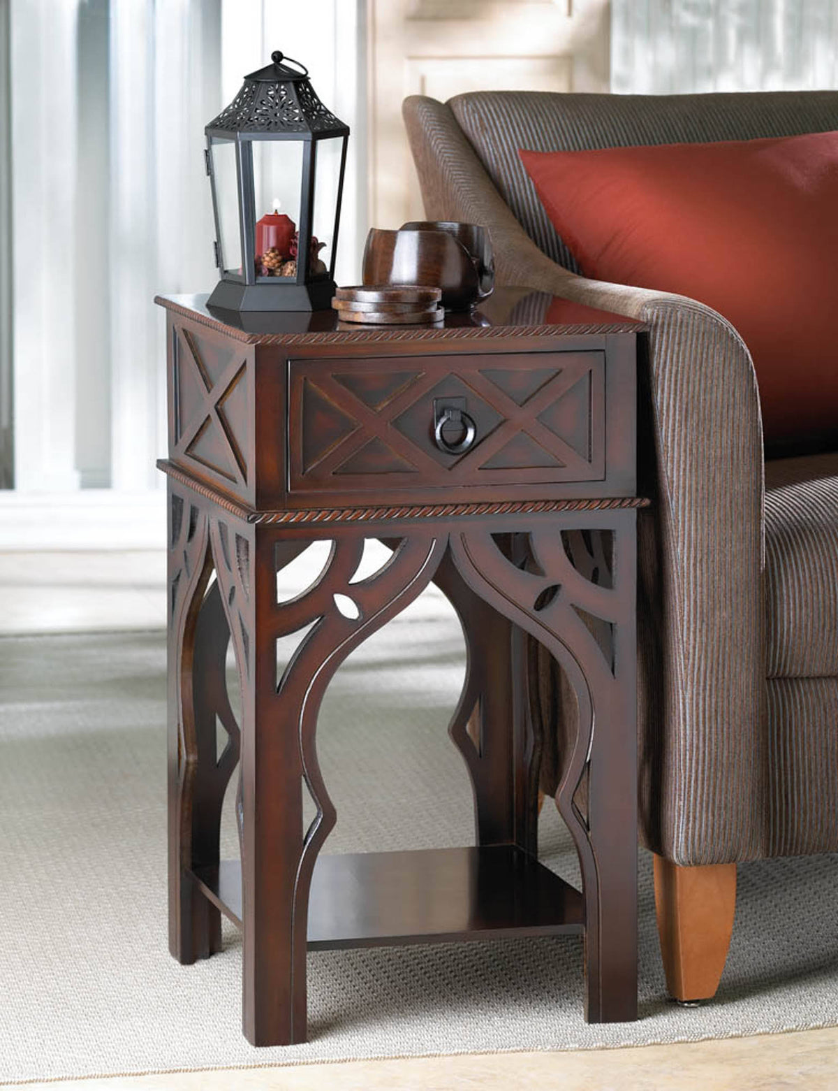 Ornate Moroccan Style Table, Brown Q415