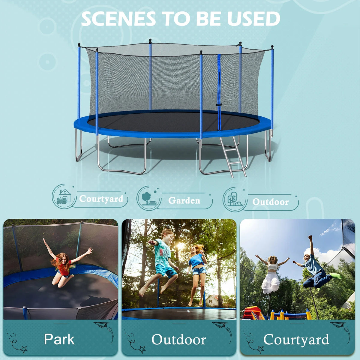 14FT Outdoor Trampoline with Basketball Hoop & Safety Enclosure Net & Ladder T69861