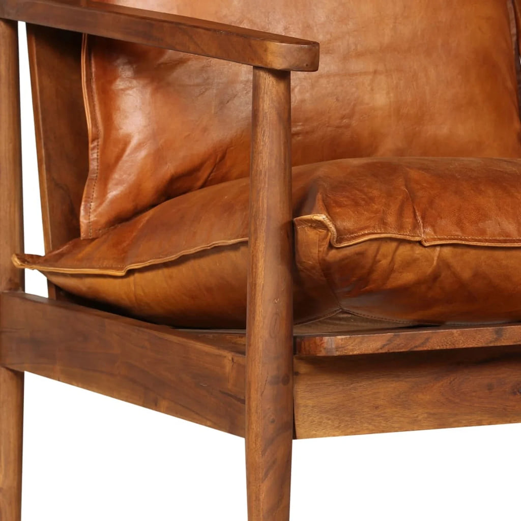 2-Seater Sofa Real Leather Acacia Wood Brown M296325