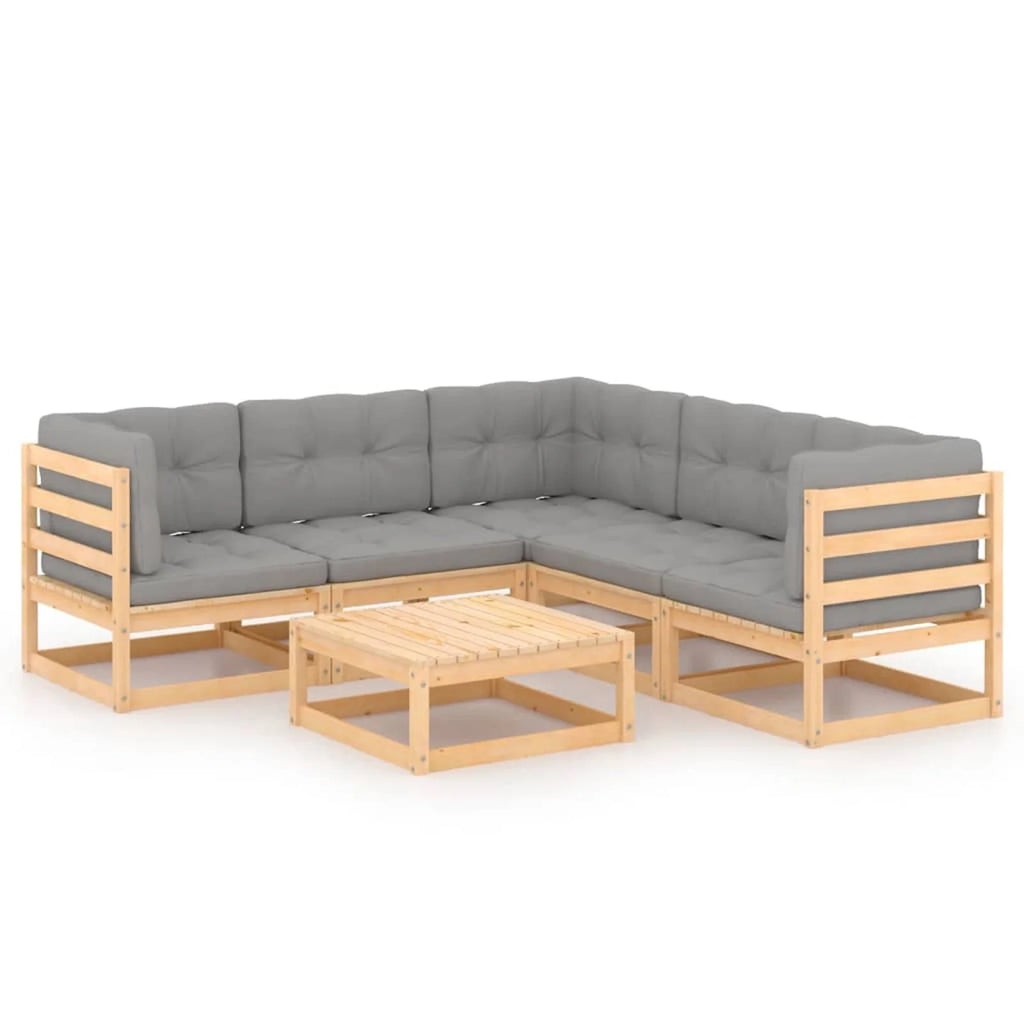 6 Piece Gray Cushioned Pinewood Sectional Outdoor Furniture Set S21847