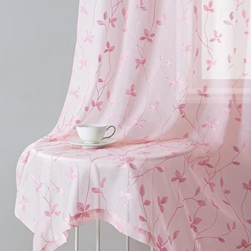 Sage Green Sheer Curtains 84 Inches Long 2 Panels Embroidered Floral V756