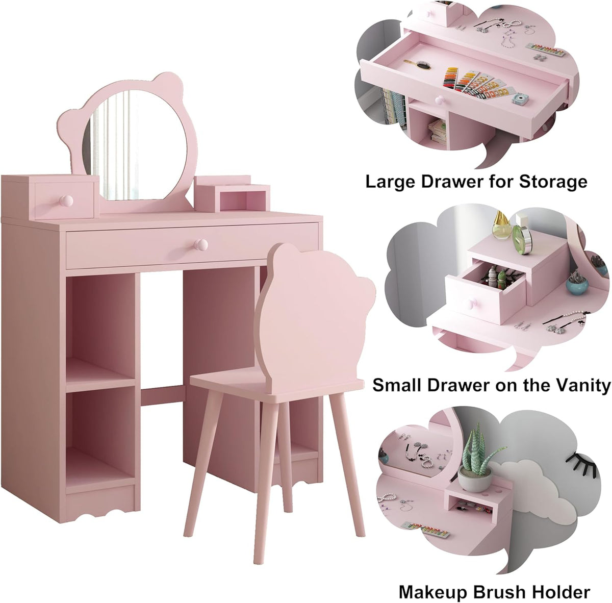 Pink Wooden Kids Vanity Set with Mirror & Stool R978