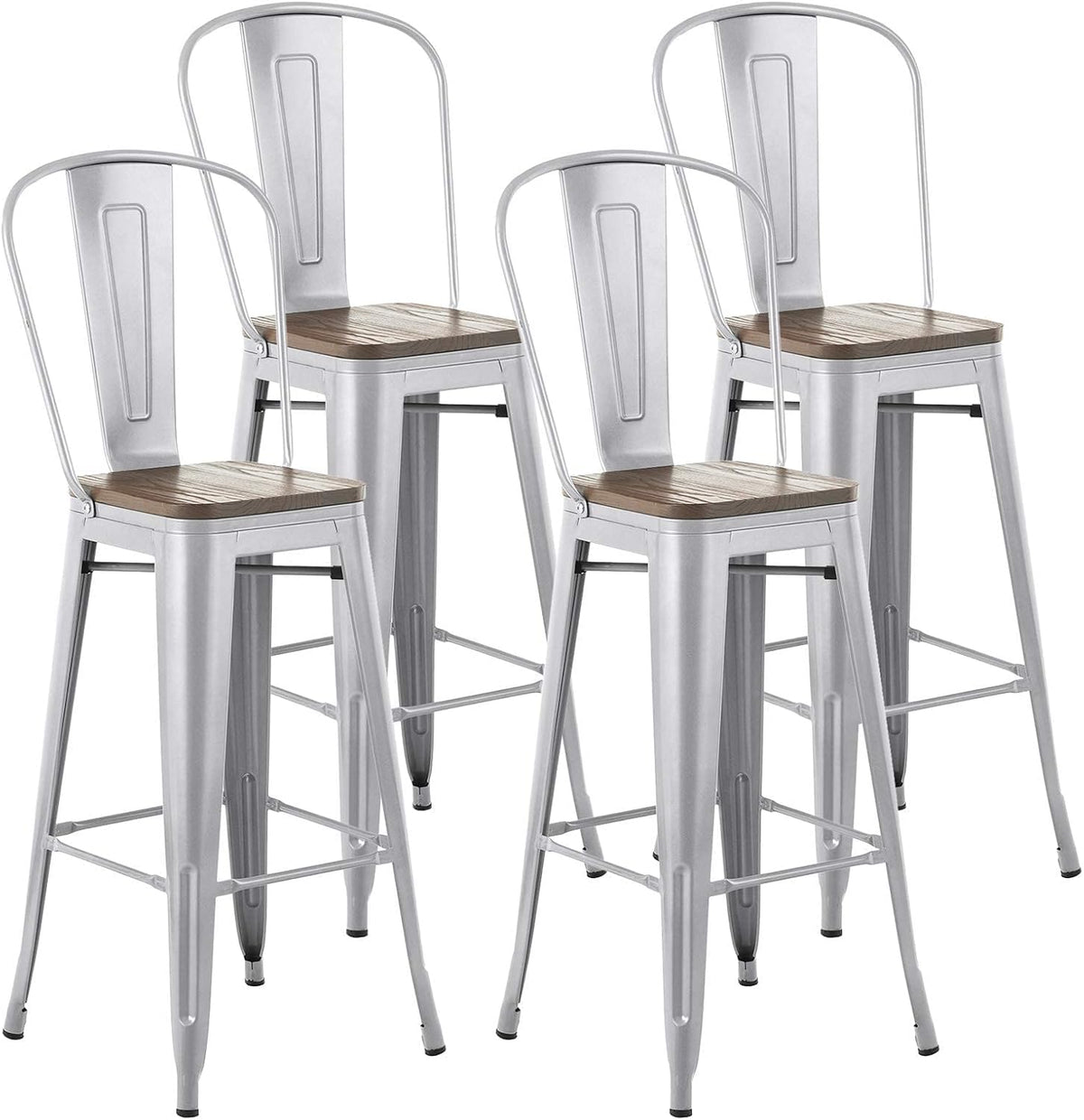 30” Metal Bar Stools Set of 4, High Back Wooden Seat, Stackable White M89403