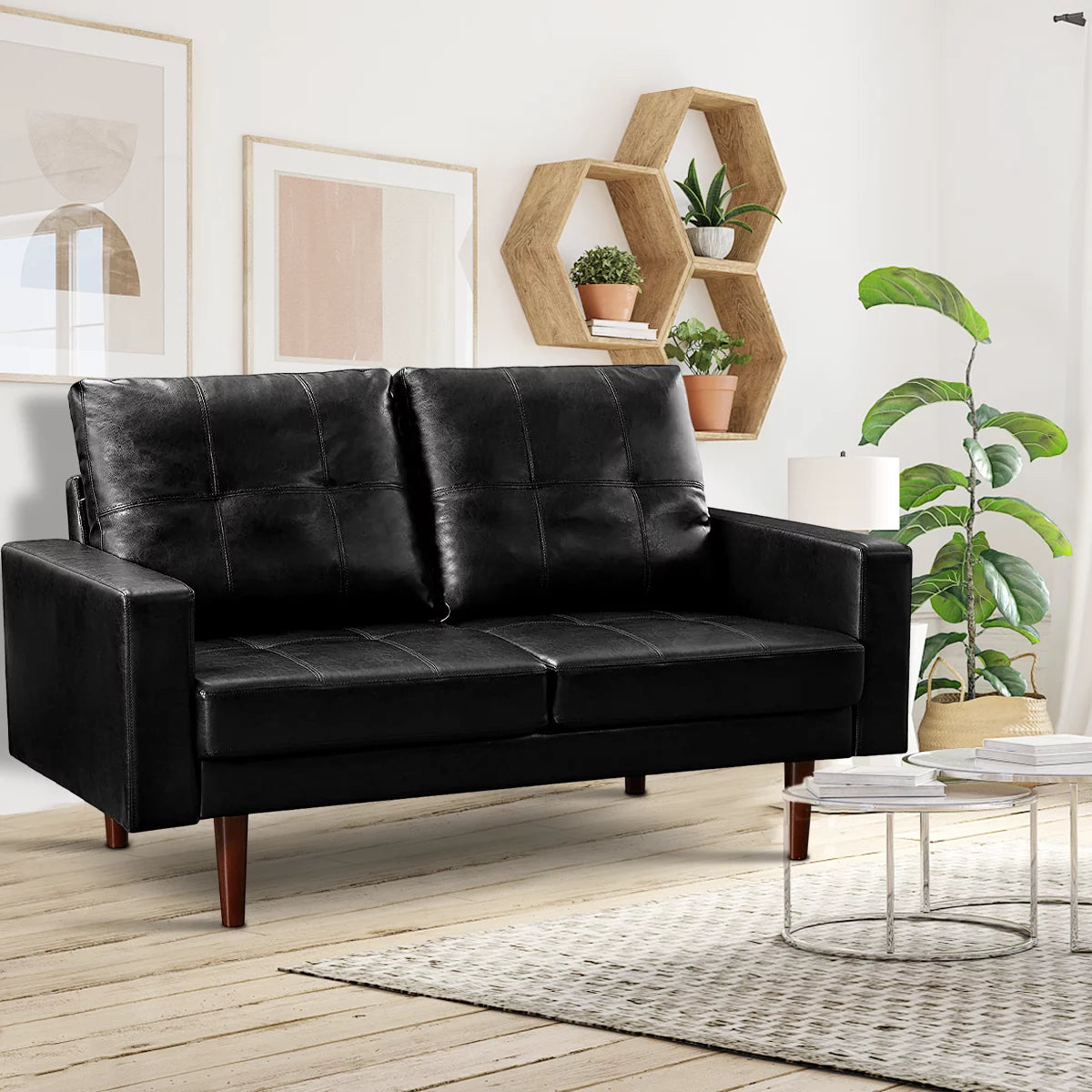Pu Leather Loveseat with High-Density Foam Cushion and Solid Wood Legs J285