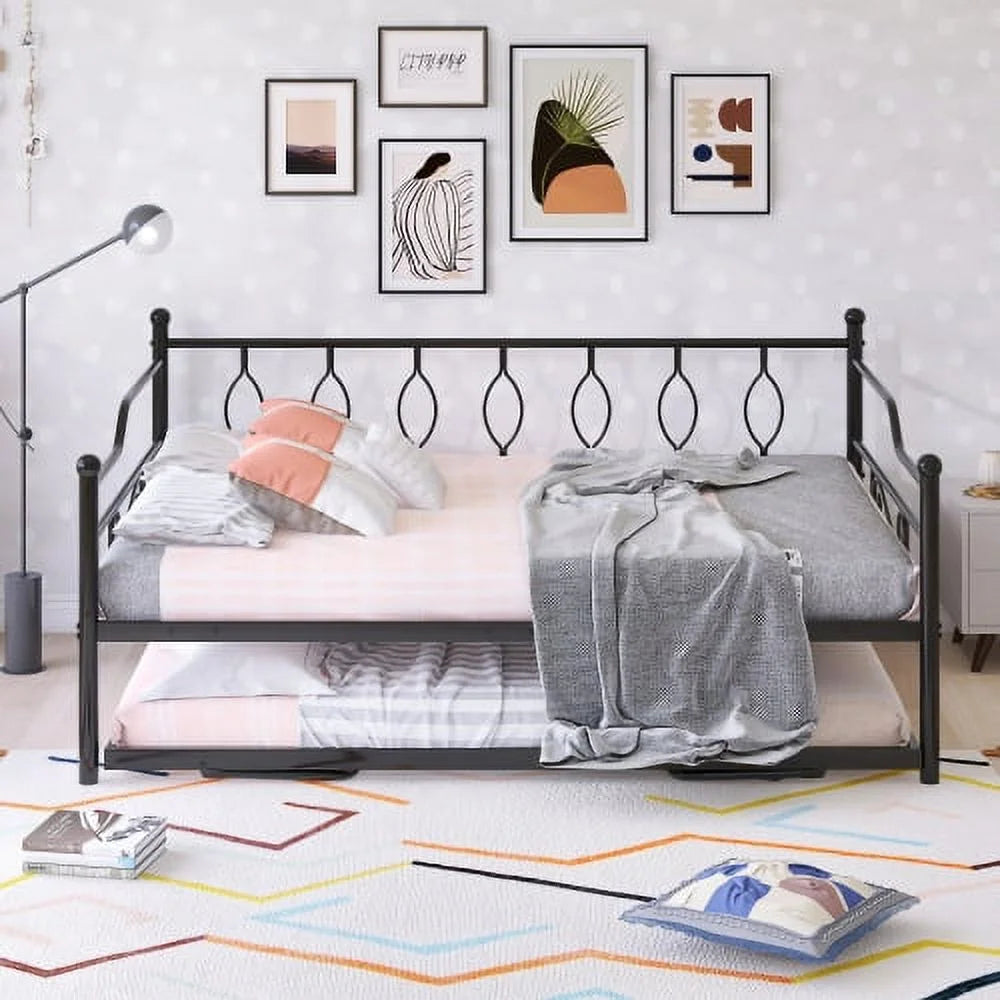 Black Full Size Metal Daybed with Twin Size Adjustable Trundle M252009