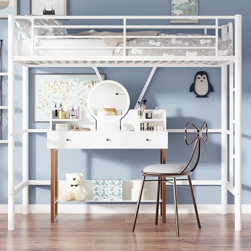 Twin Size Black Metal Loft Bed with Guardrails and Ladder I32268