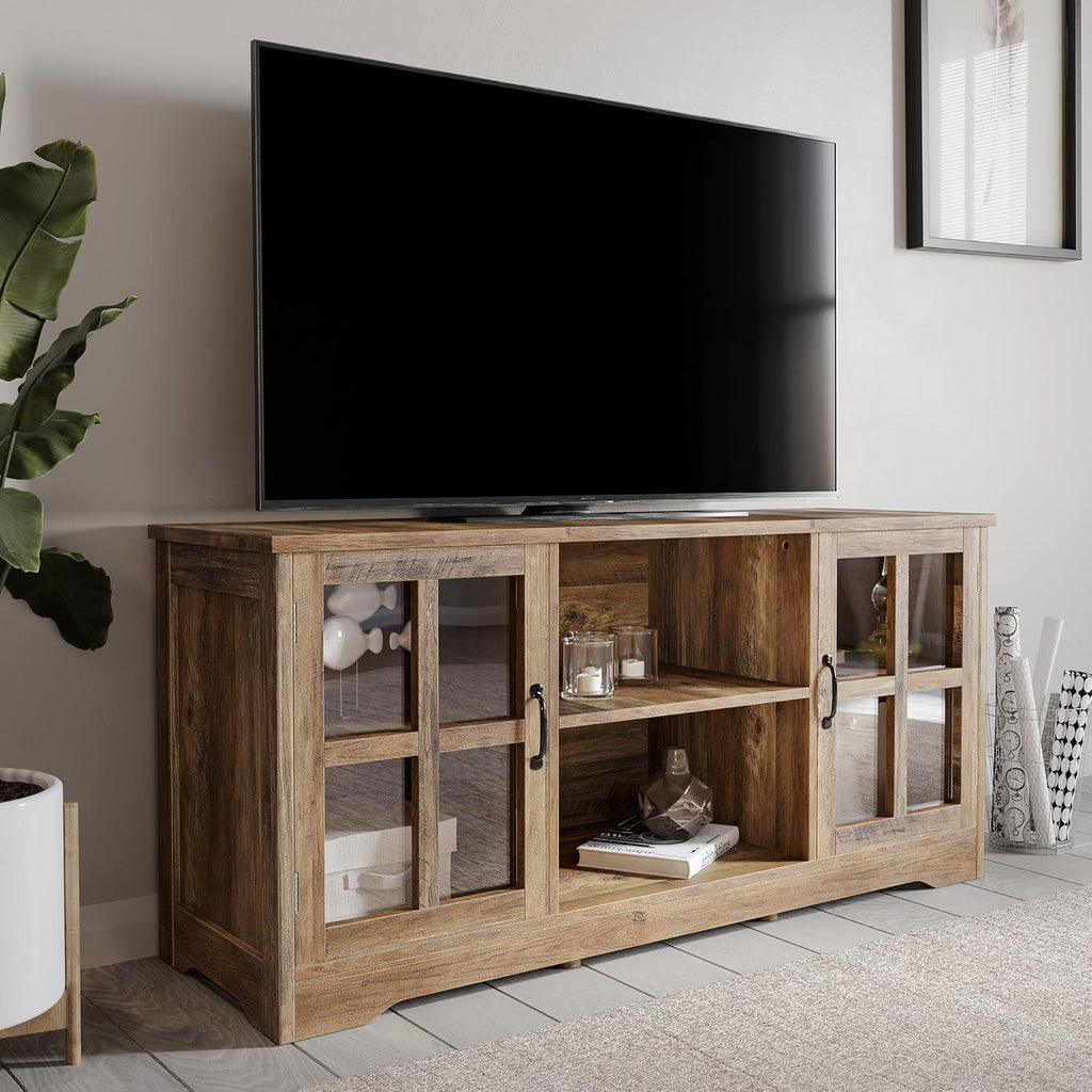 Gray Wash TV Stand with Wood Glass Storage Cabinets O523284