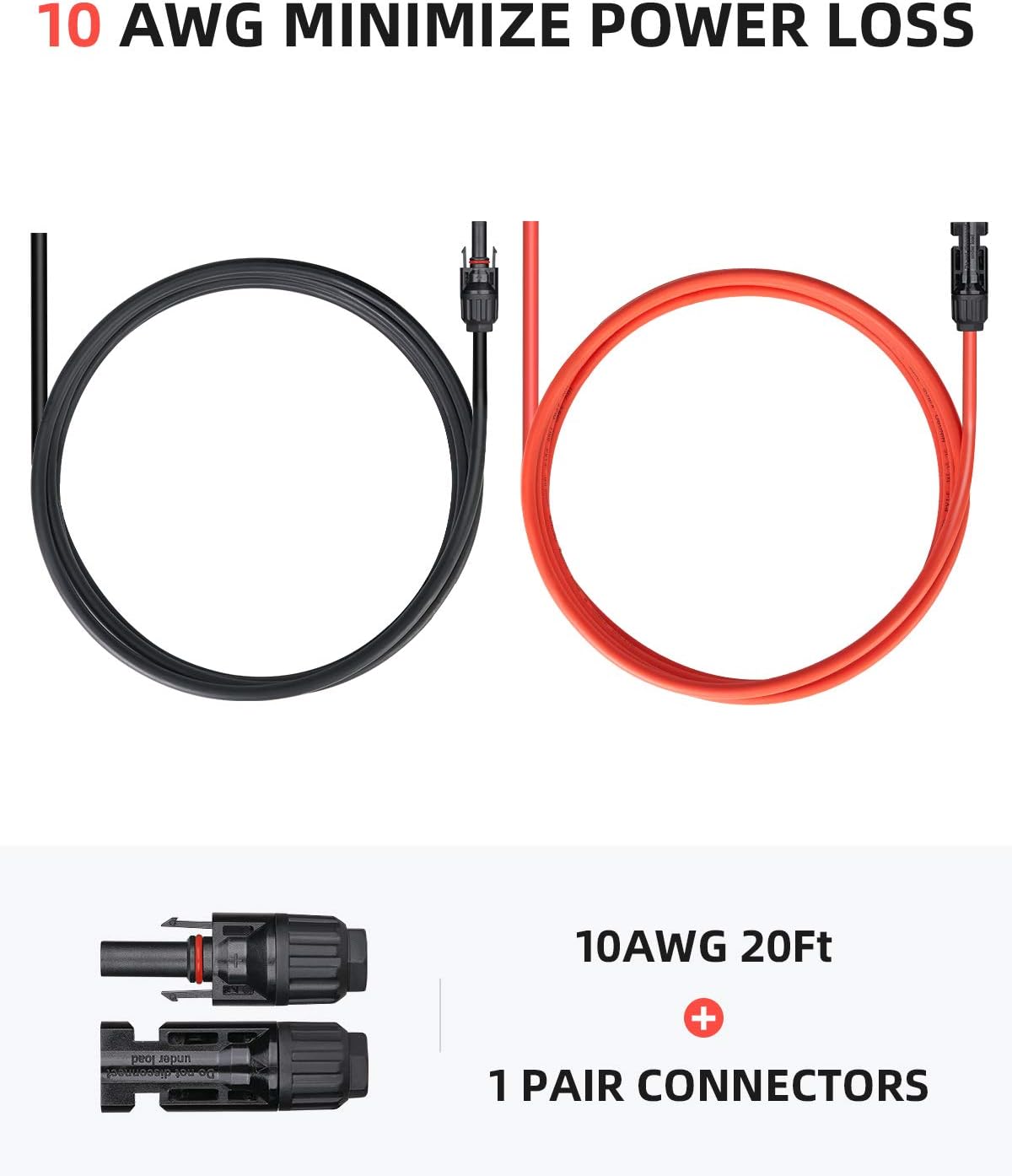 20 Feet 10AWG Solar Extension Cable with Female and Male Connector, Pack of 2 K783