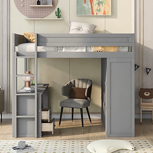 Full Size Wood Loft Bed with Desk Wardrobe Drawers Cabinet Grey T2449