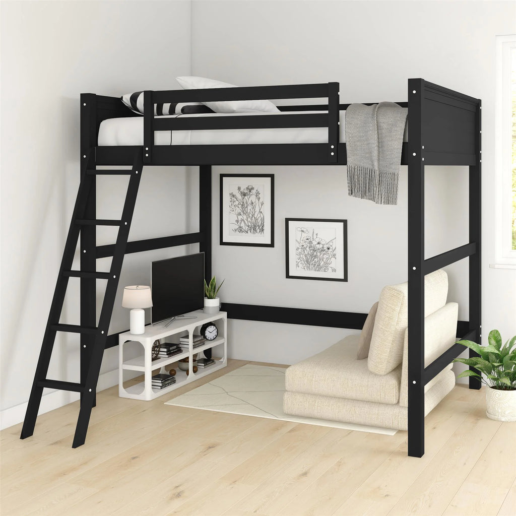 Full Size Loft Bed with Ladder, Black W6023