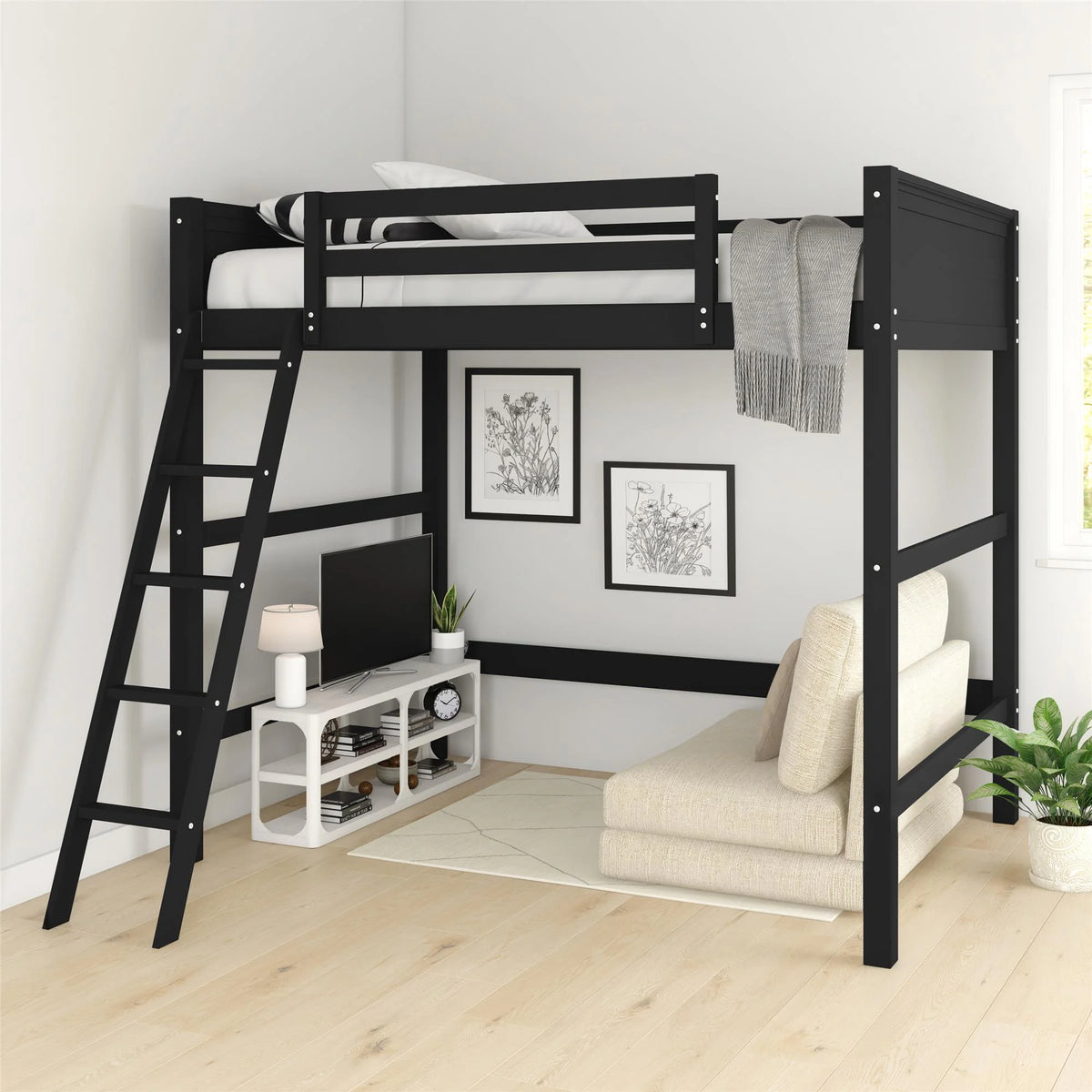 Full Size Loft Bed with Ladder, Black W6023