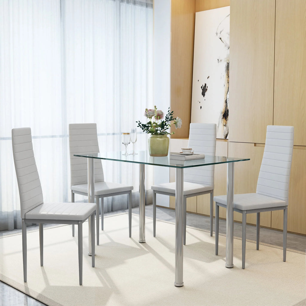 White 5 Pieces Tempered Glass Dining Table Set with 4 Chairs G842606