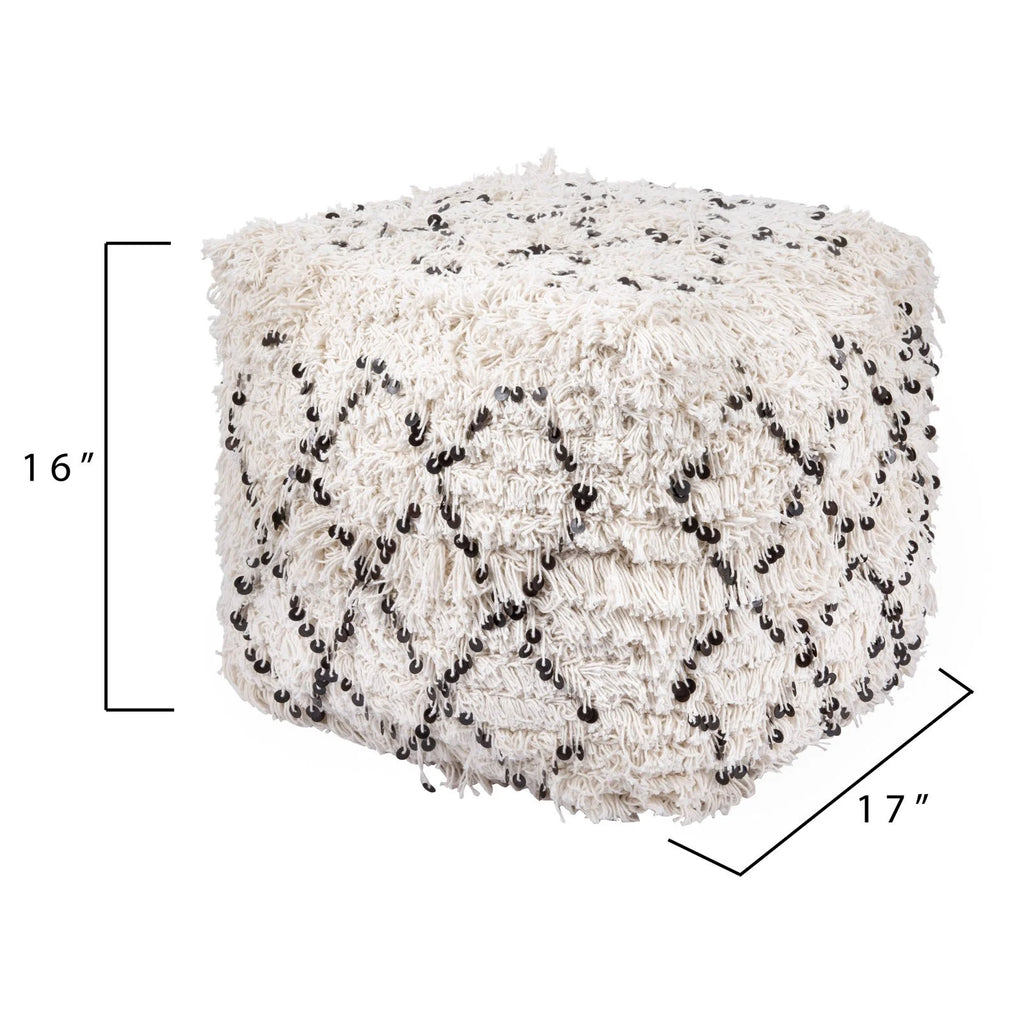 White Moroccan Wedding Quilt Pouf with Fringe & Sequins N430
