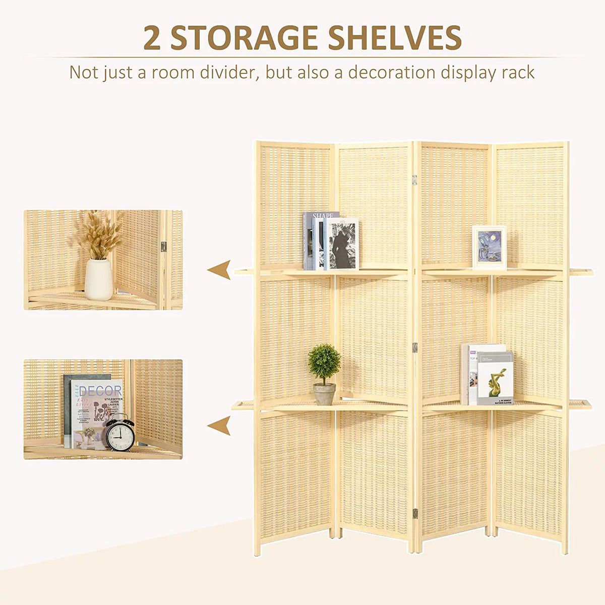 6 Ft Bamboo Folding Privacy Screen with 2 Display Shelves B8569