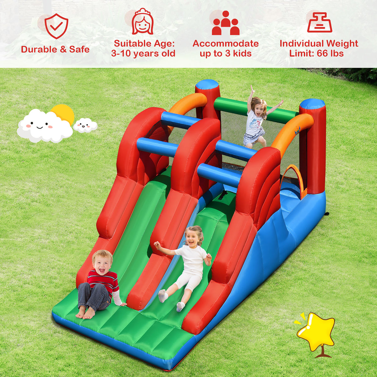 Inflatable Bounce House 3-in-1 Dual Slides Jumping Castle with 550W Blower J80016