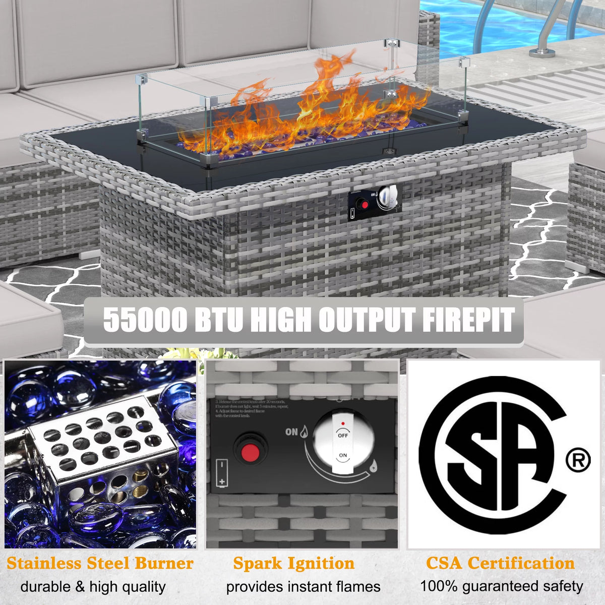 8 Piece Wicker Patio Furniture Set with Fire Pit Table N56463