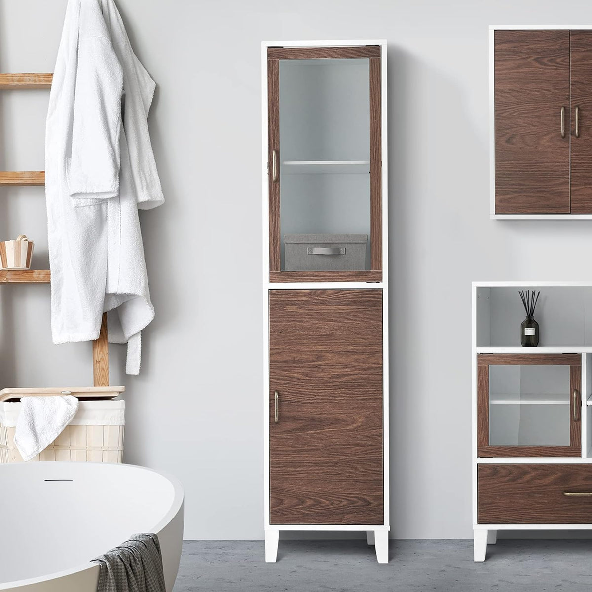 White Natural Wood Bathroom Linen Cabinet C5681