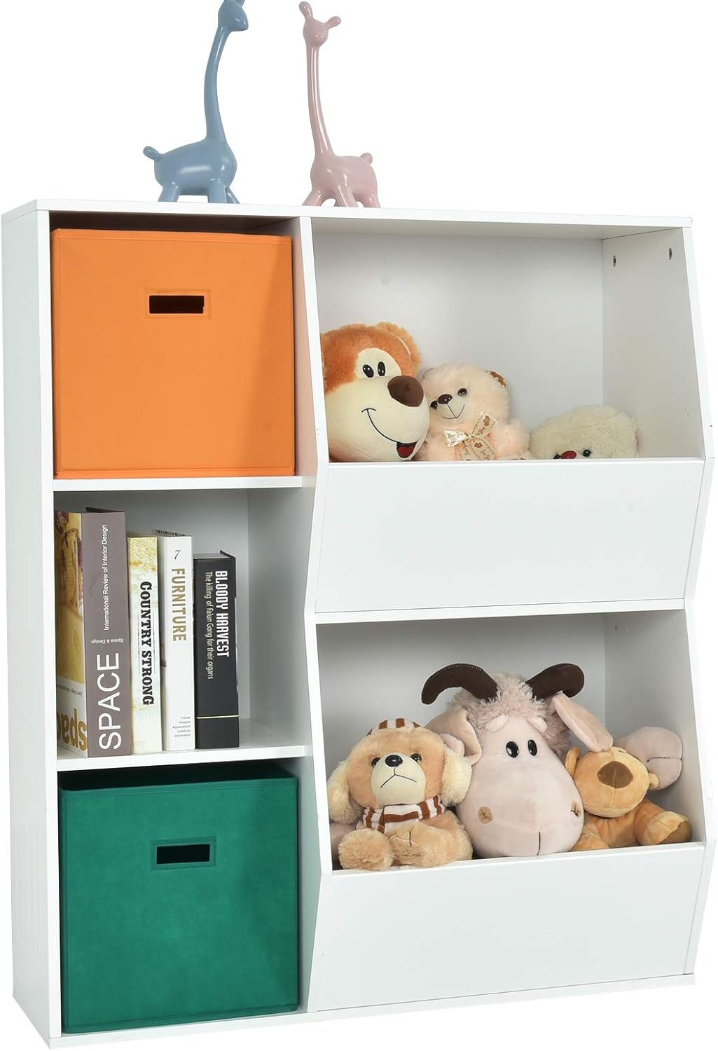 5 Cubbies White Wooden Kids Bookshelf with Storage Bins P903937