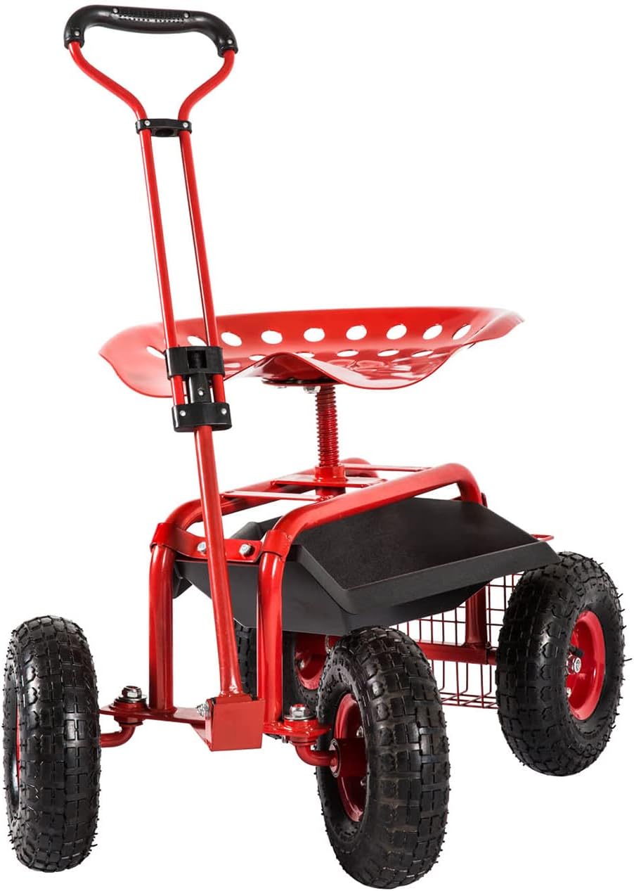 Red Garden Cart Wagon with Adjustable Handle 360 Degree Swivel Seat T36747