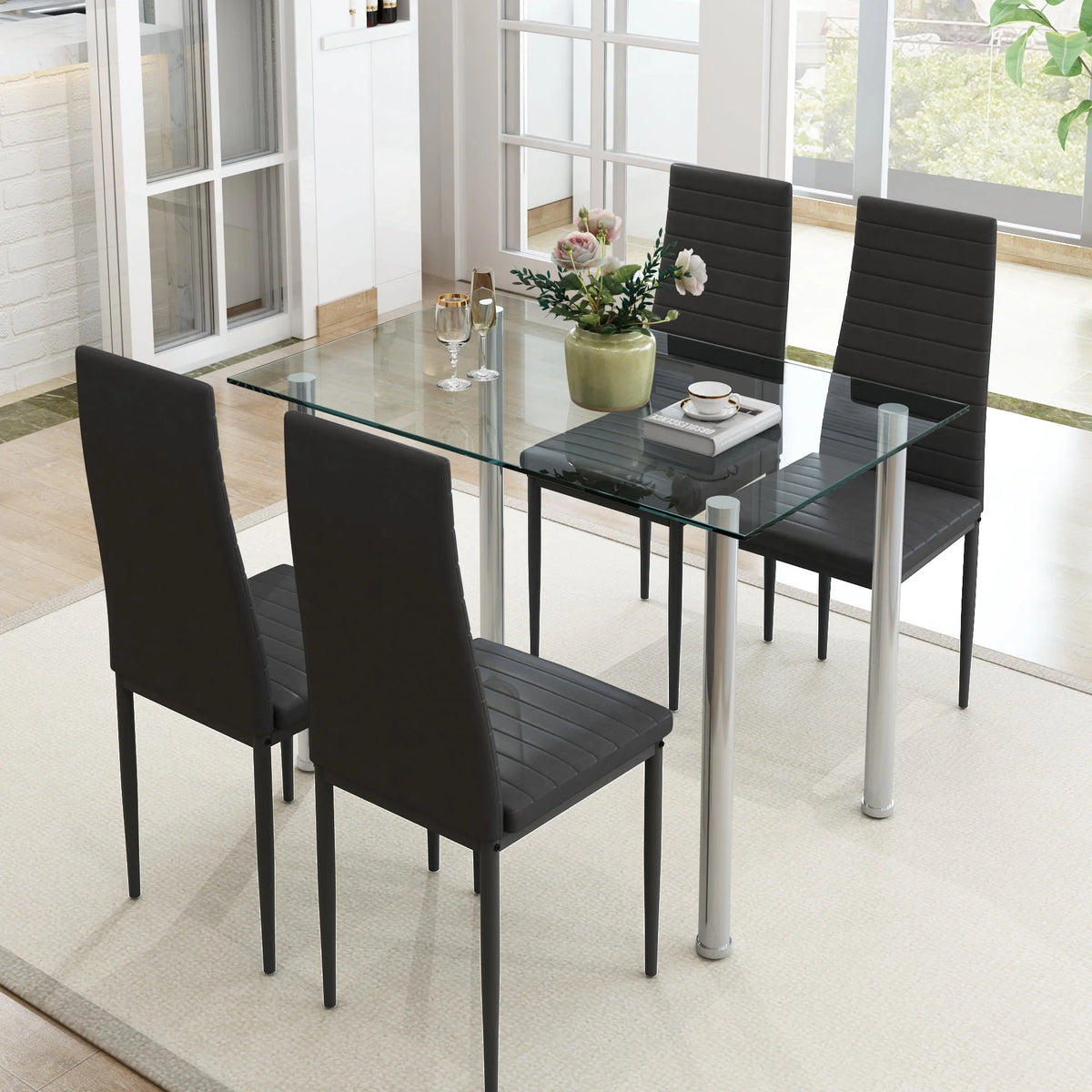 White 5 Pieces Tempered Glass Dining Table Set with 4 Chairs G842606