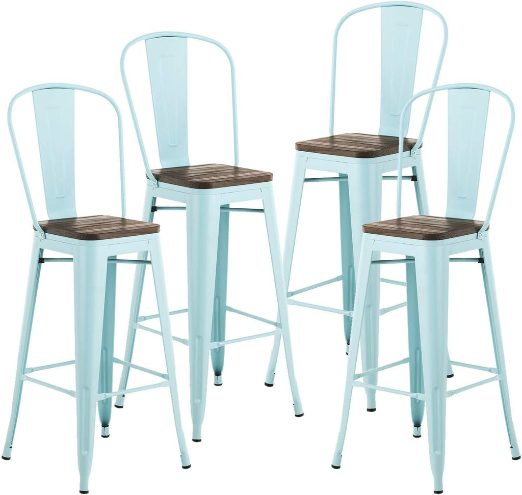30” Metal Bar Stools Set of 4, High Back Wooden Seat, Stackable White M89403