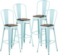 30” Metal Bar Stools Set of 4, High Back Wooden Seat, Stackable White M89403