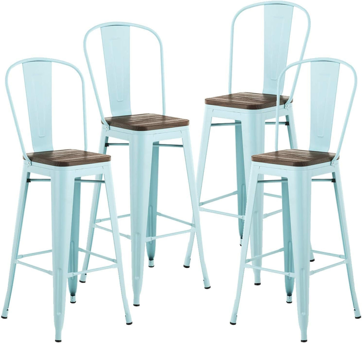 30” Metal Bar Stools Set of 4, High Back Wooden Seat, Stackable White M89403