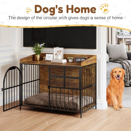 Large Dog Crate Furniture with Chew-Resistant Heavy Duty Wooden Dog Cage Rustic Brown G671