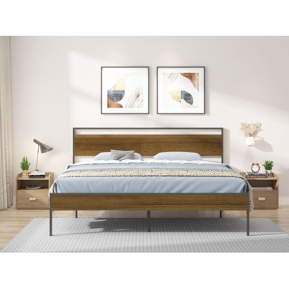 Black King Metal Bed with Wood Headboard and Footboard Y106