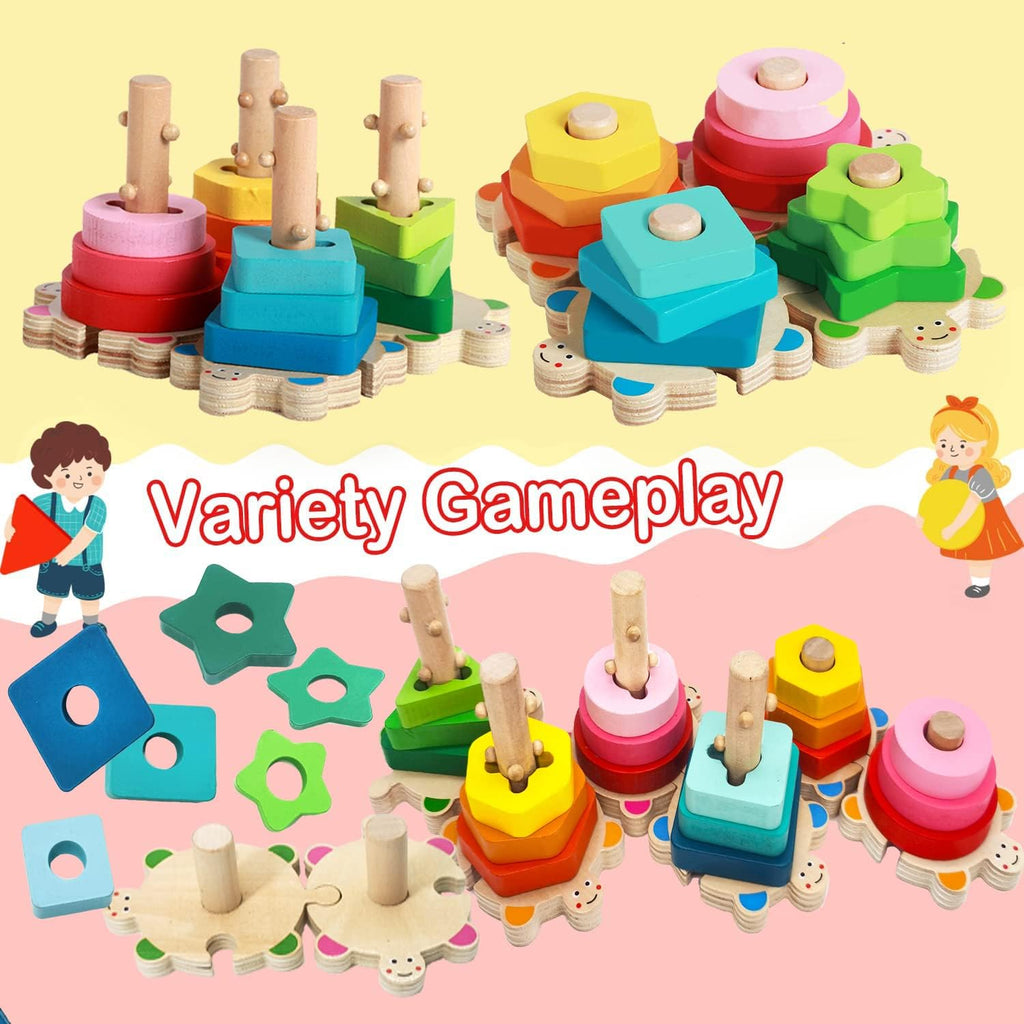 Wooden Shape Sorter and Stacking Toys, 8PCS Toddler Montessori Geometric Block Puzzle I5018