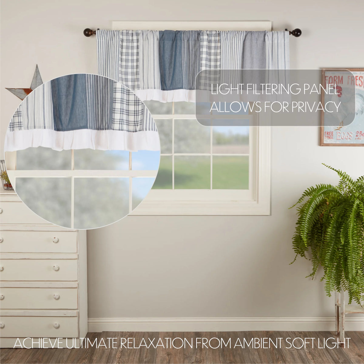 Blue Farmhouse Window Panel Set with Attached Valance T95730