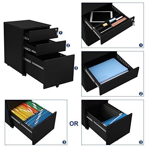 Black Steel 3 Drawer Mobile File Cabinet with Lock X26298