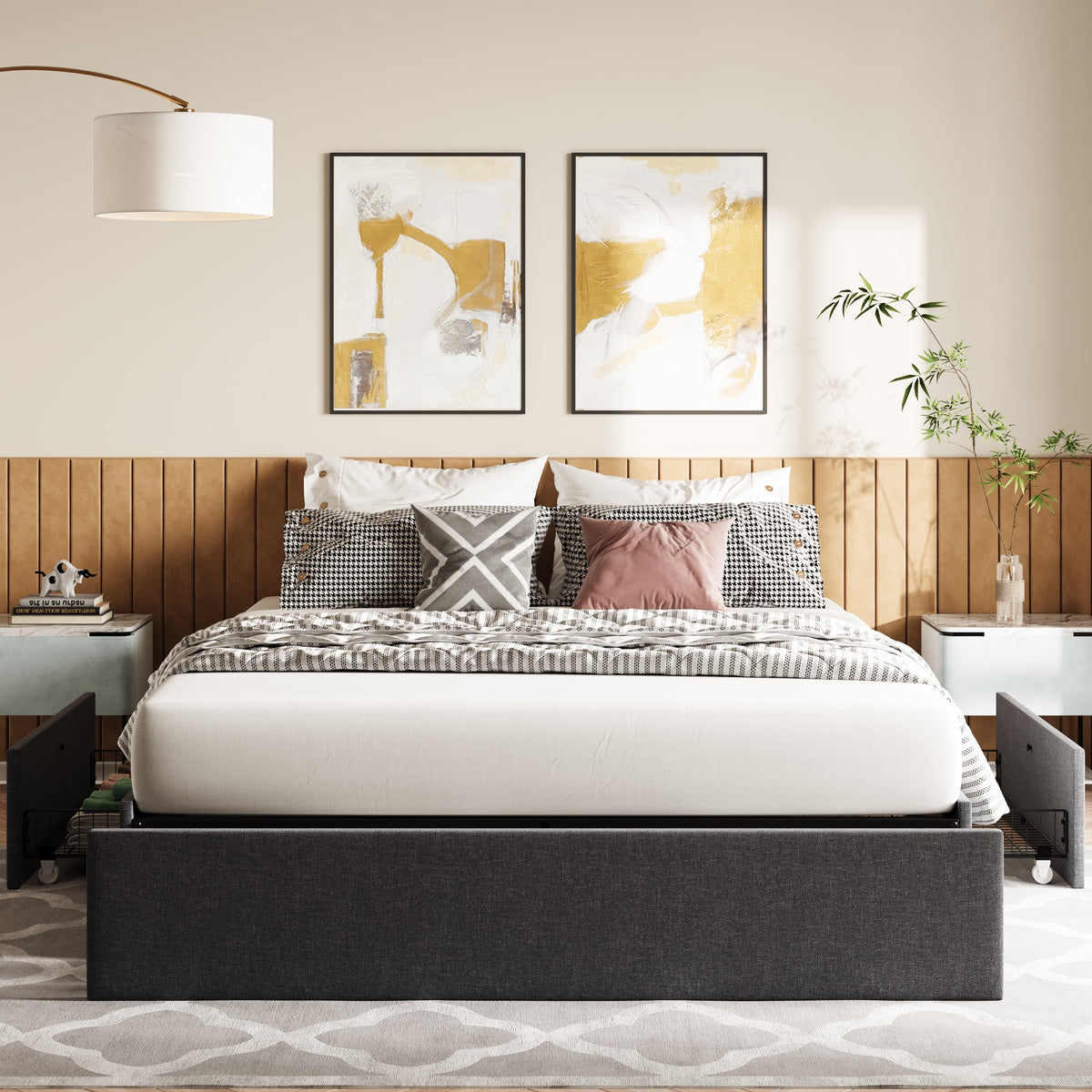 Queen Size Upholstered Platform Bed Frame with 3 Storage Drawers E799558