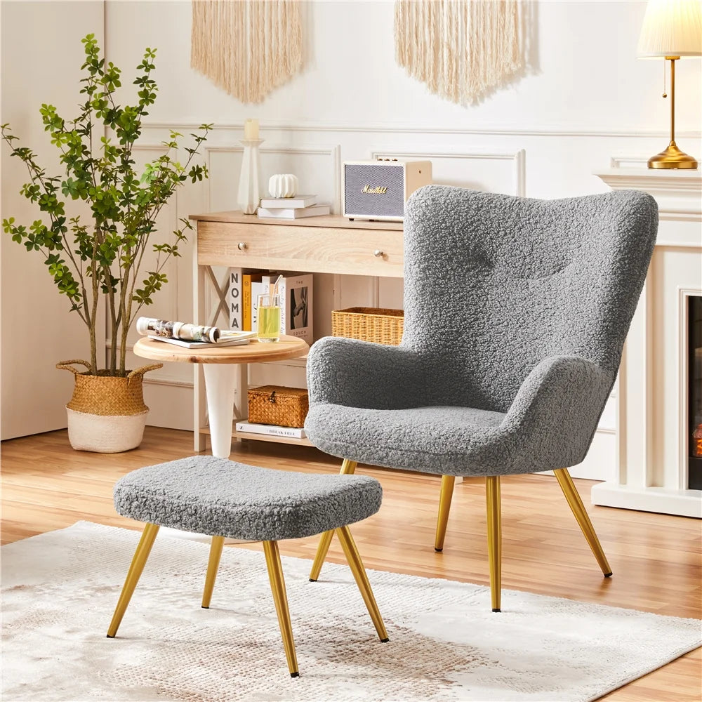 Gray Boucle Accent Chair and Ottoman Set with Golden Metal Legs J16099